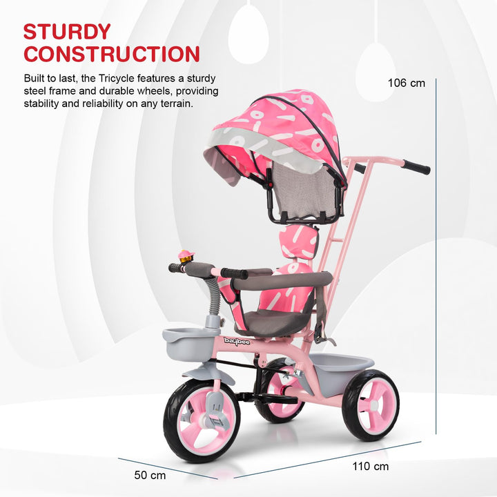 Trico 2 in 1 Baby Tricycles for Kids, Plug N Play Tricycle with Parental Handle, Canopy, & Safety Belt