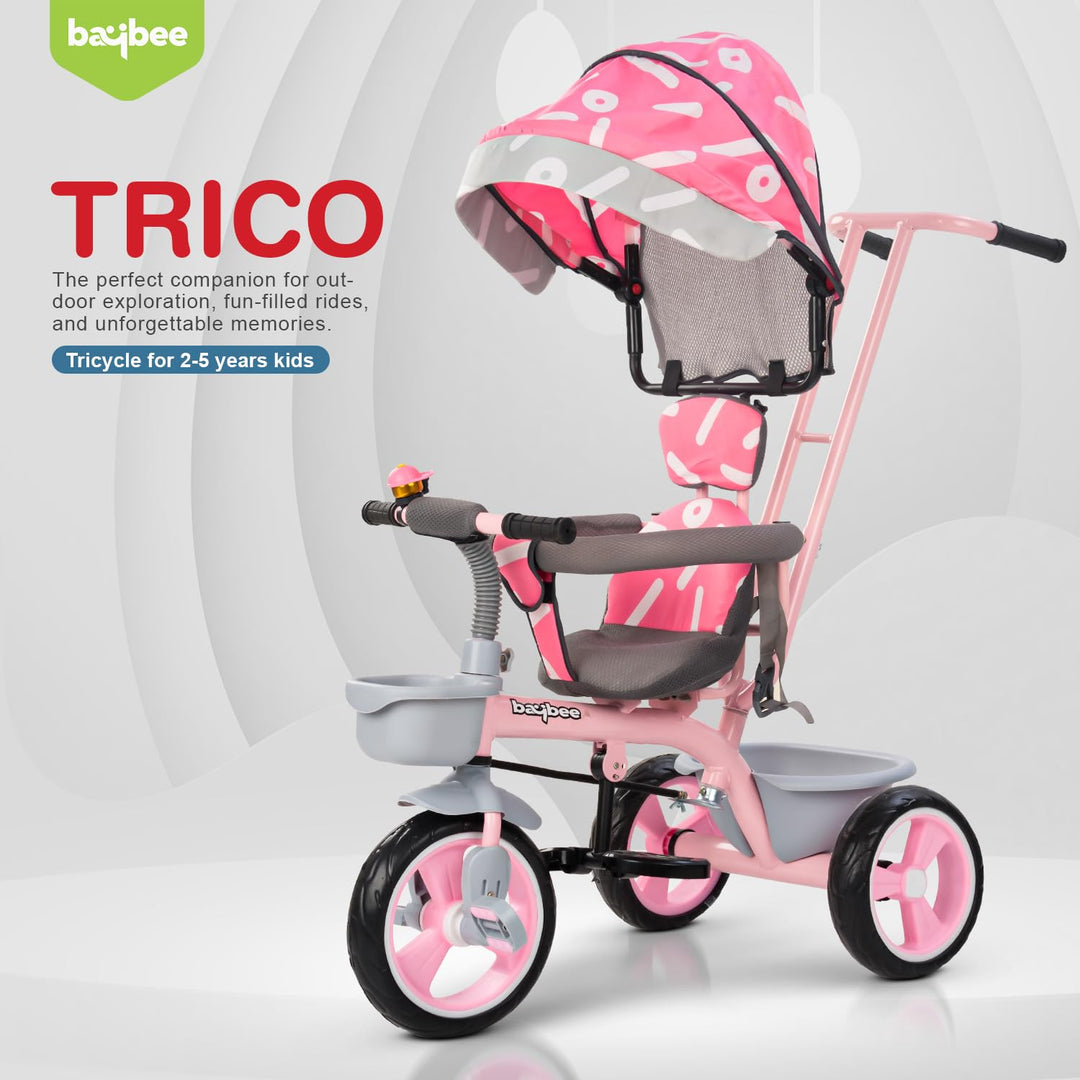 Trico 2 in 1 Baby Tricycles for Kids, Plug N Play Tricycle with Parental Handle, Canopy, & Safety Belt