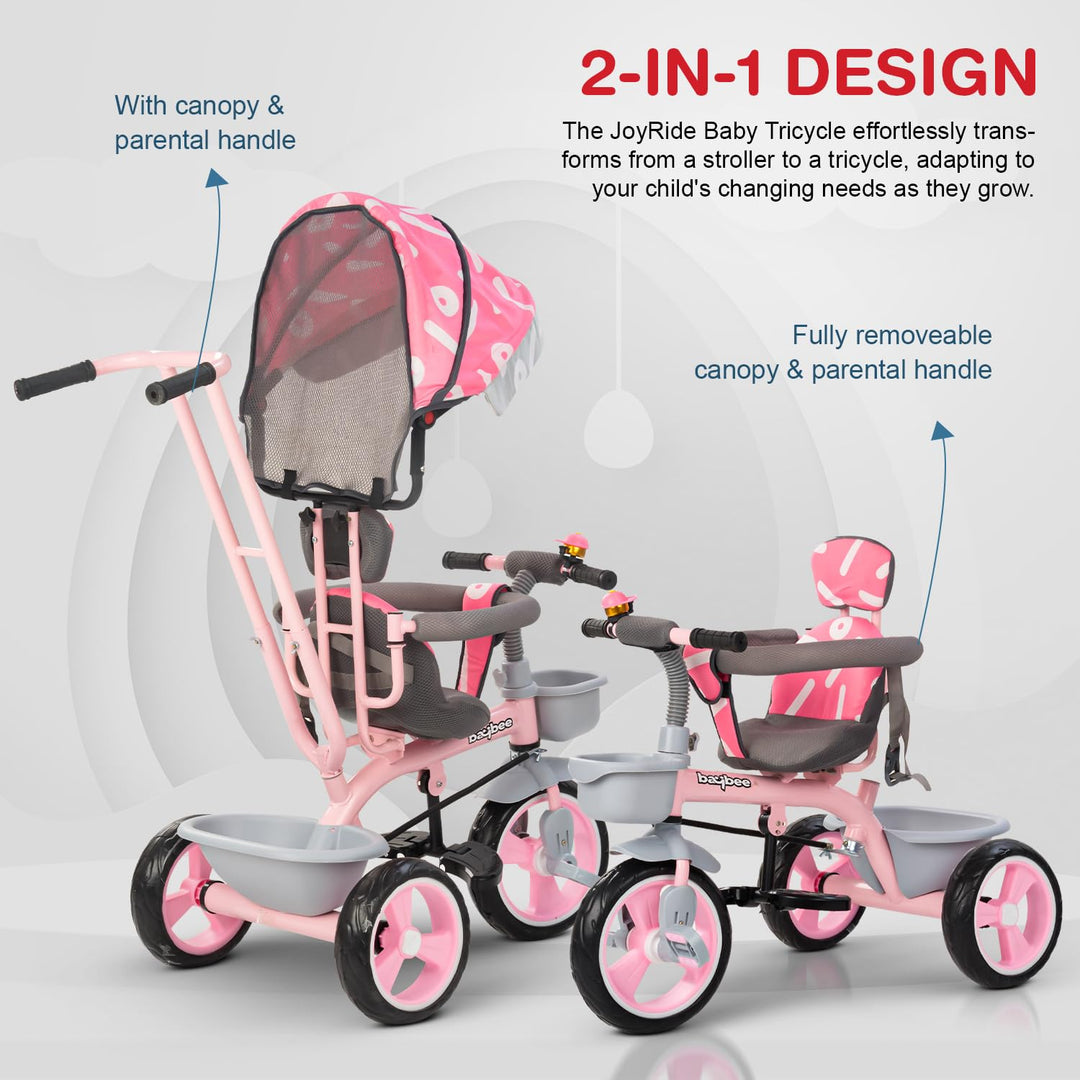 Trico 2 in 1 Baby Tricycles for Kids, Plug N Play Tricycle with Parental Handle, Canopy, & Safety Belt