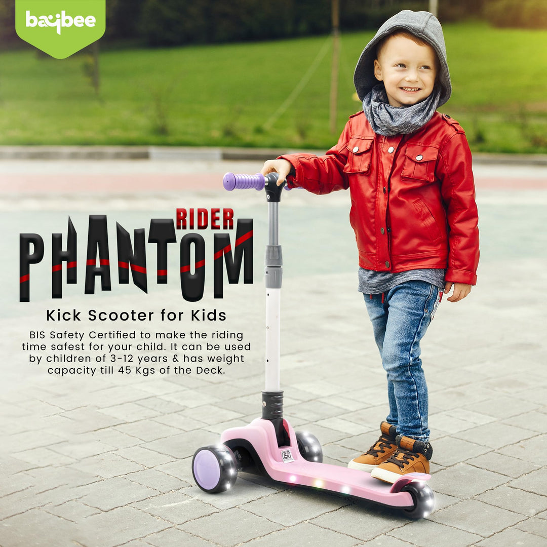 Phantom Skate Scooter for Kids, Foaldble 3 Wheel Kids Scooter with 3 Height Adjustable & Music | Kick Scooter with LED PU Wheels & Deck | Runner Scooter for Kids 2 to 10 Years Boy Girl