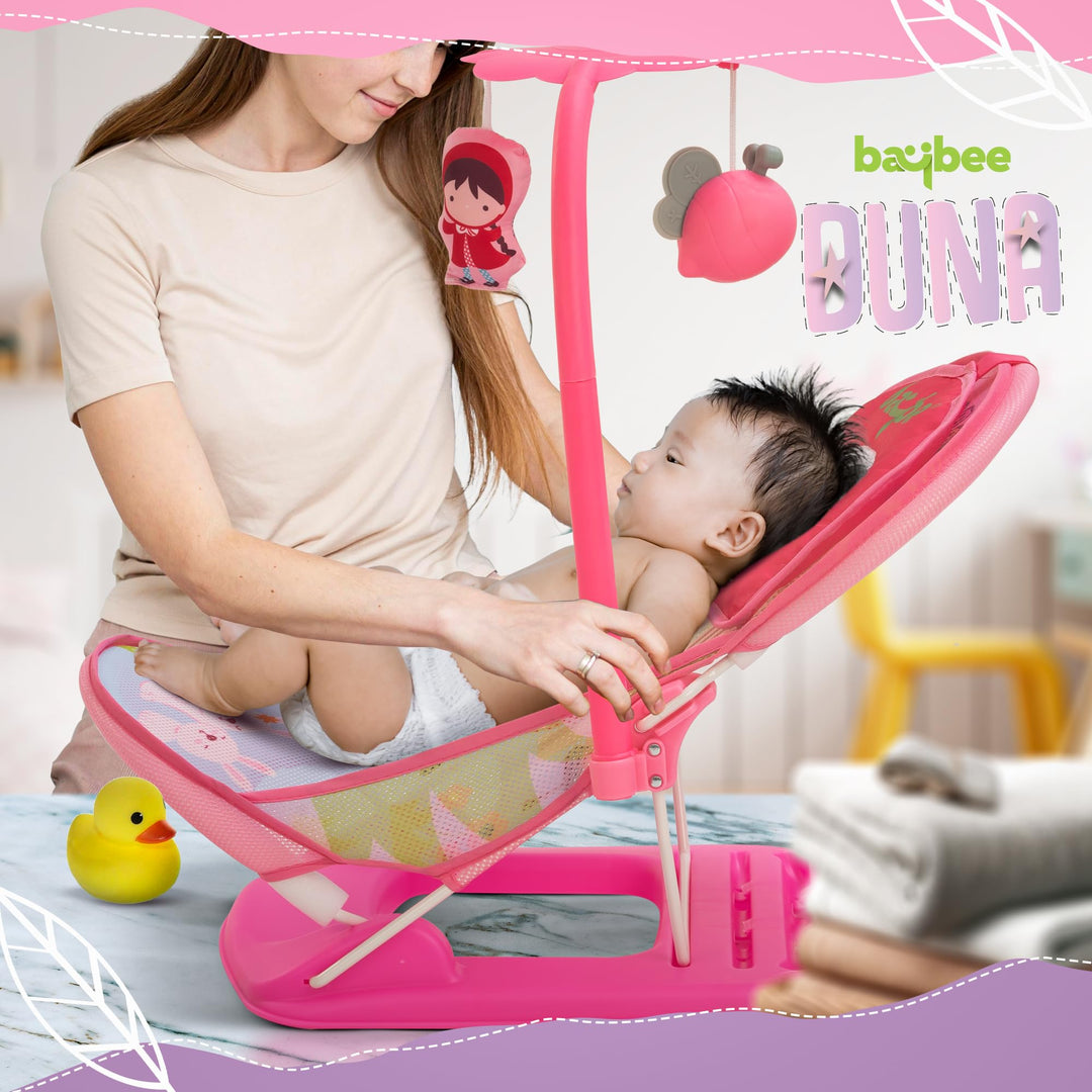 Duna Anti Slip Baby Bather for Baby 0-6 Months, Bathing Chair with Hanging Toy Bar, 3 Position Adjustable & Soft Mesh Seat, Baby Bath Seat Chair for Bath Tub with Suction Cup & Backrest