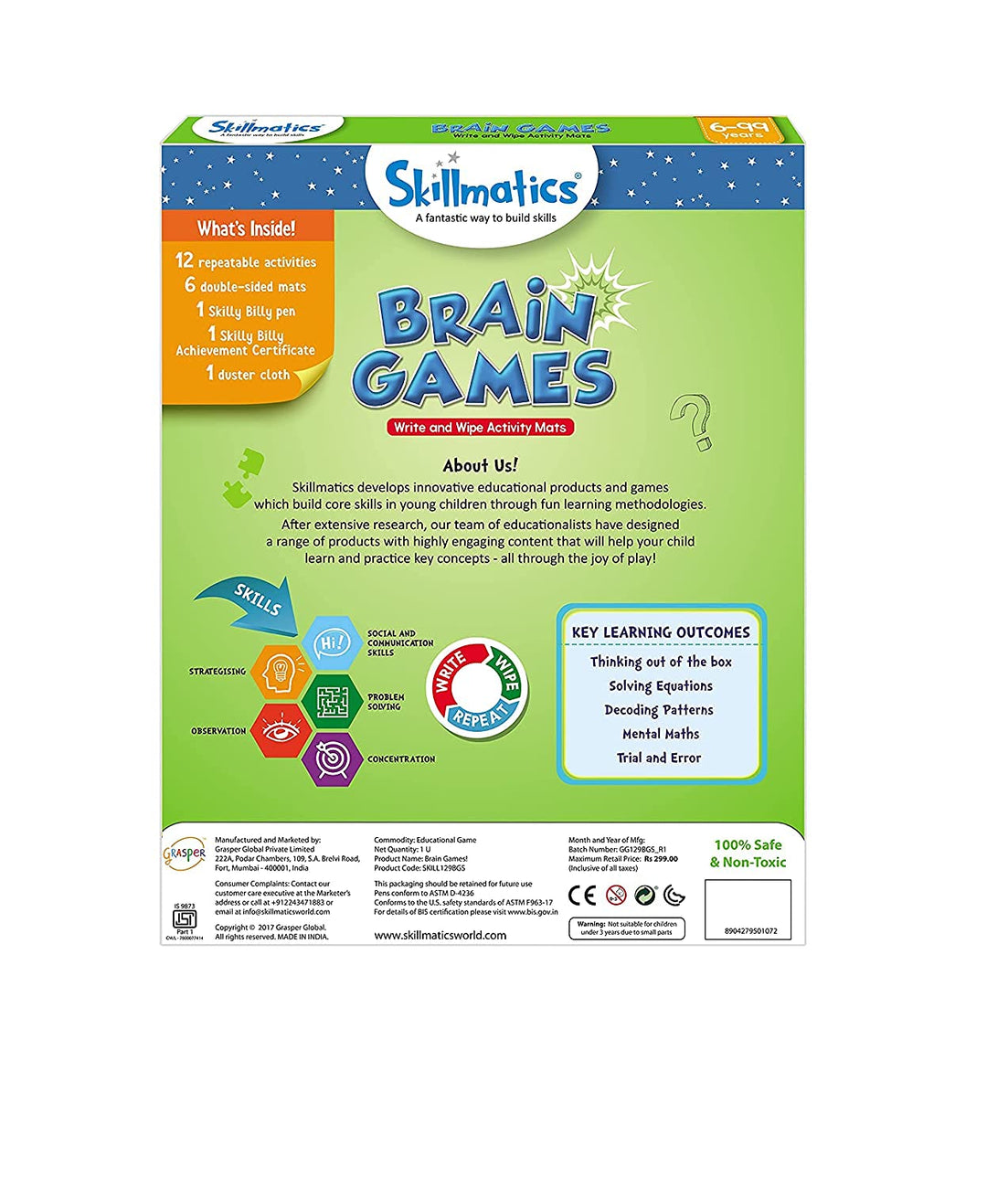 Skillmatics Educational Game - Brain Games, Reusable Activity Mats with Dry Erase Marker