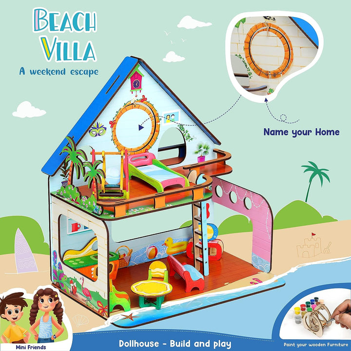 Webby Beachvilla The Weekend Escape All Side Play Doll House for Girls & Boys DIY Paint Wooden Doll House Toy with Furniture for Kids