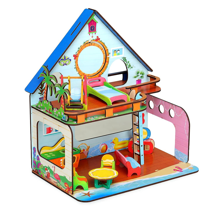 Webby Beachvilla The Weekend Escape All Side Play Doll House for Girls & Boys DIY Paint Wooden Doll House Toy with Furniture for Kids