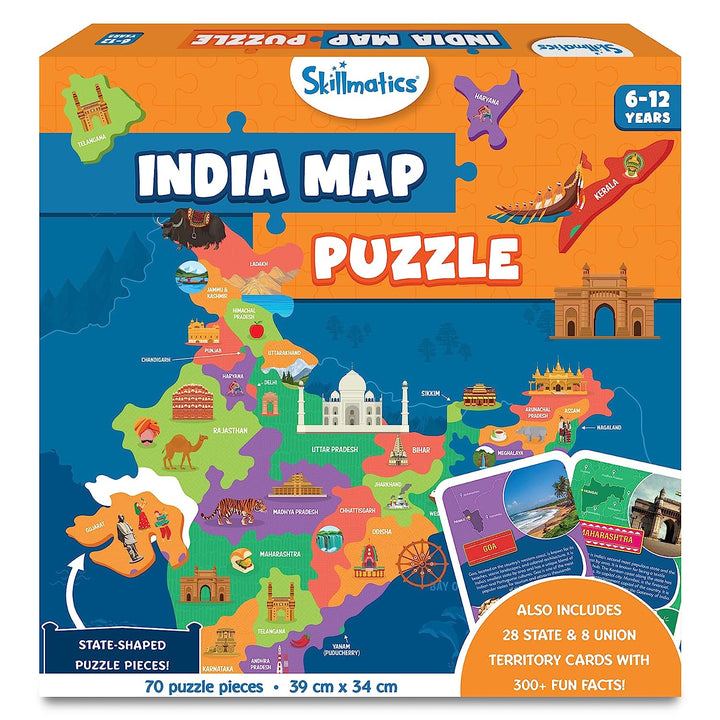 Skillmatics India Map Puzzle - 70 Pieces, Educational Toy for Learning 300+ Facts