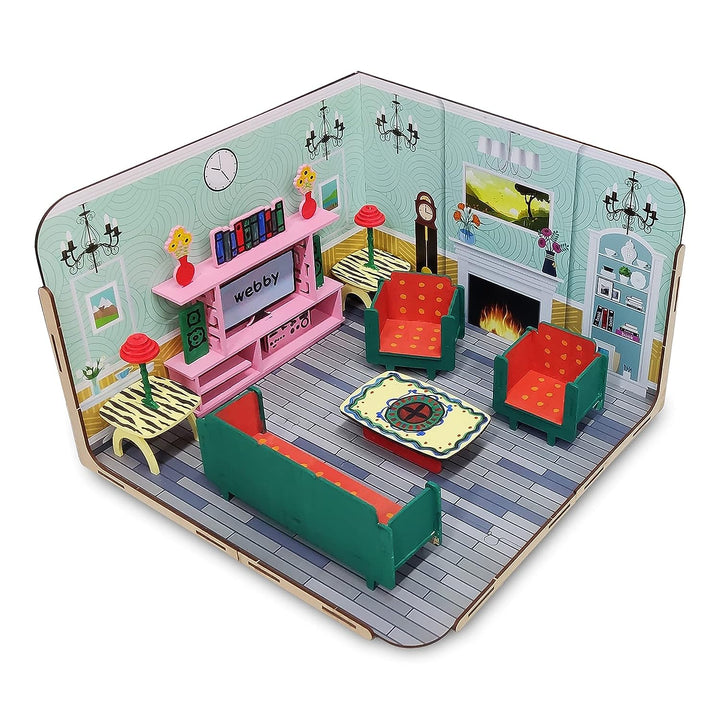 Webby DIY Paint Your Pre-Assembled Living Room Furniture Wooden Dollhouse Kit for Kids