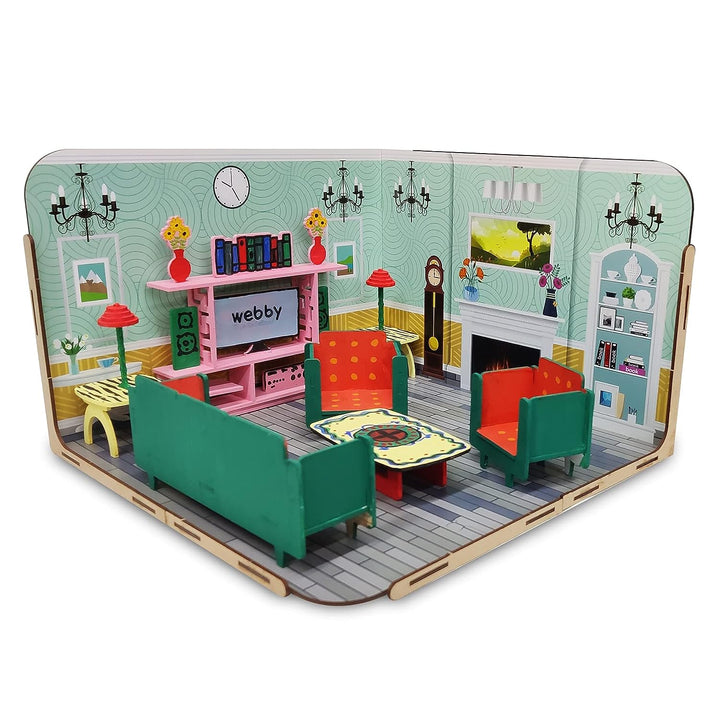 Webby DIY Paint Your Pre-Assembled Living Room Furniture Wooden Dollhouse Kit for Kids