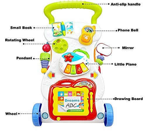 Walker with Wheels Music Baby First Walkers Cars Newborn Baby Walk Learning Cart 4 Wheels with Drawing Board Plastic Multi-Function (Pack of 1).)