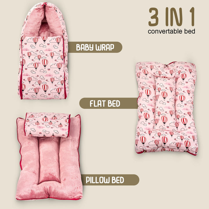 3 in 1 Velvet Cotton Baby Bed Cum Carry Bed, Printed Baby Sleeping Bag-Baby Bed-Infant Portable Bassinet-Nest for Co-Sleeping Baby Bedding for New Born 0-6 Months