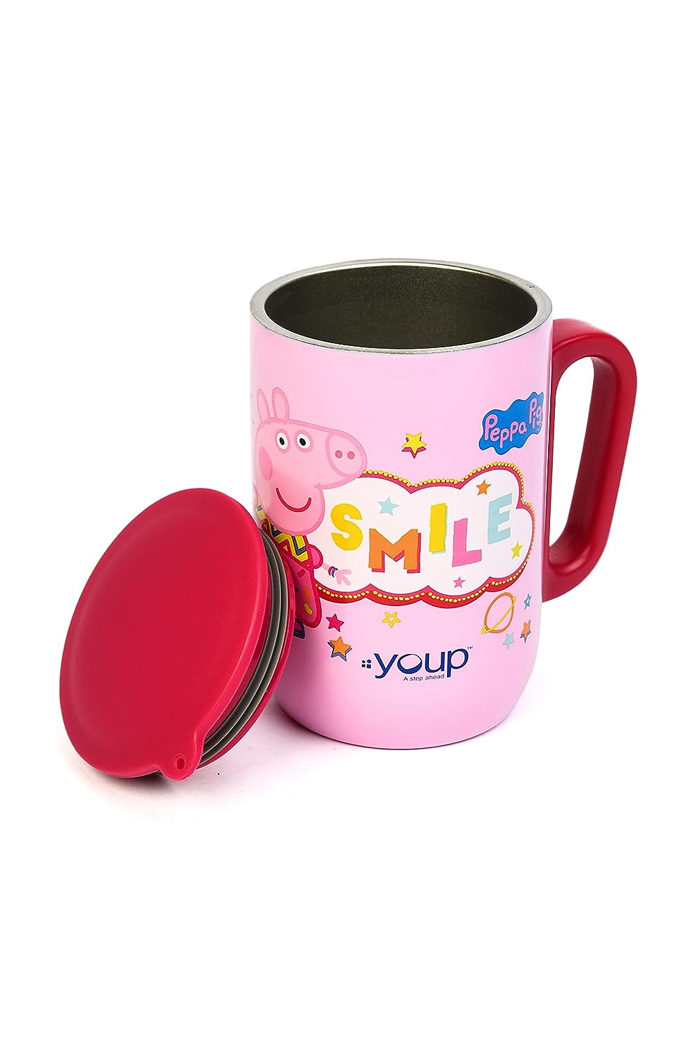 YOUP Stainless Steel Pink Color Peppa Pig Smile Kids Insulated Mug with Cap - 320 ml