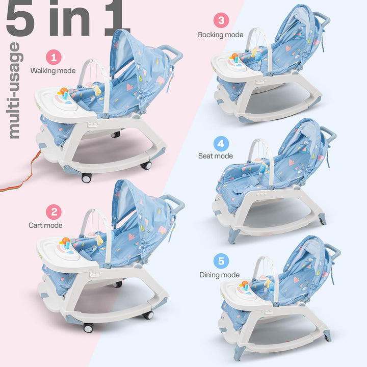 5 in 1 Baby Rocking Chair for Kids with Hanging Toys,Multi Position Recline, Music, Wheels & Food Tray