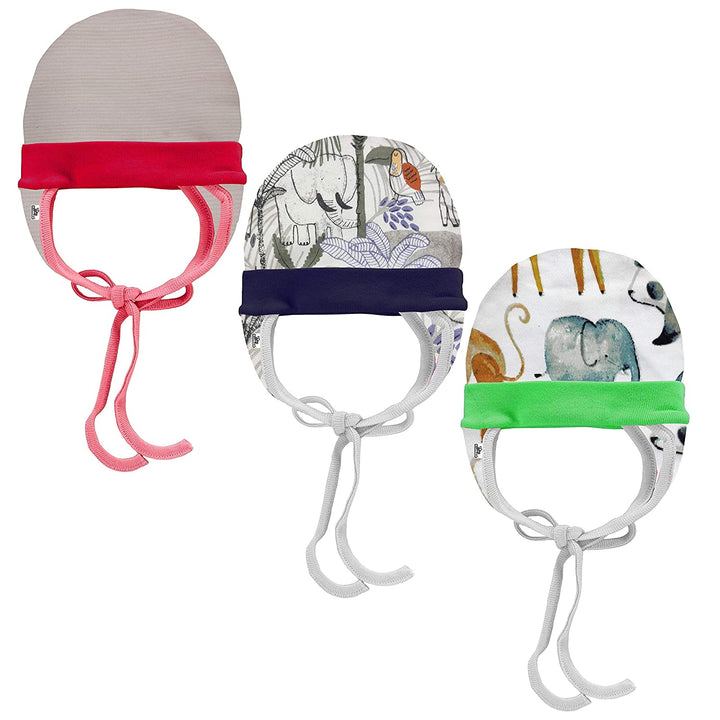 Baby Boys & Baby Girls Cute Print Design Soft Hosiery Ear Flap Tie Up & Knot Cap (Multicolor Set of 3)(0-6M)