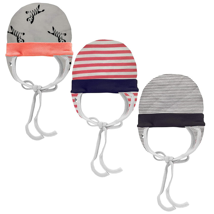 Baby Boys & Baby Girls Cute Print Design Soft Hosiery Ear Flap Tie Up & Knot Cap (Multicolor Set of 3)(0-6M)