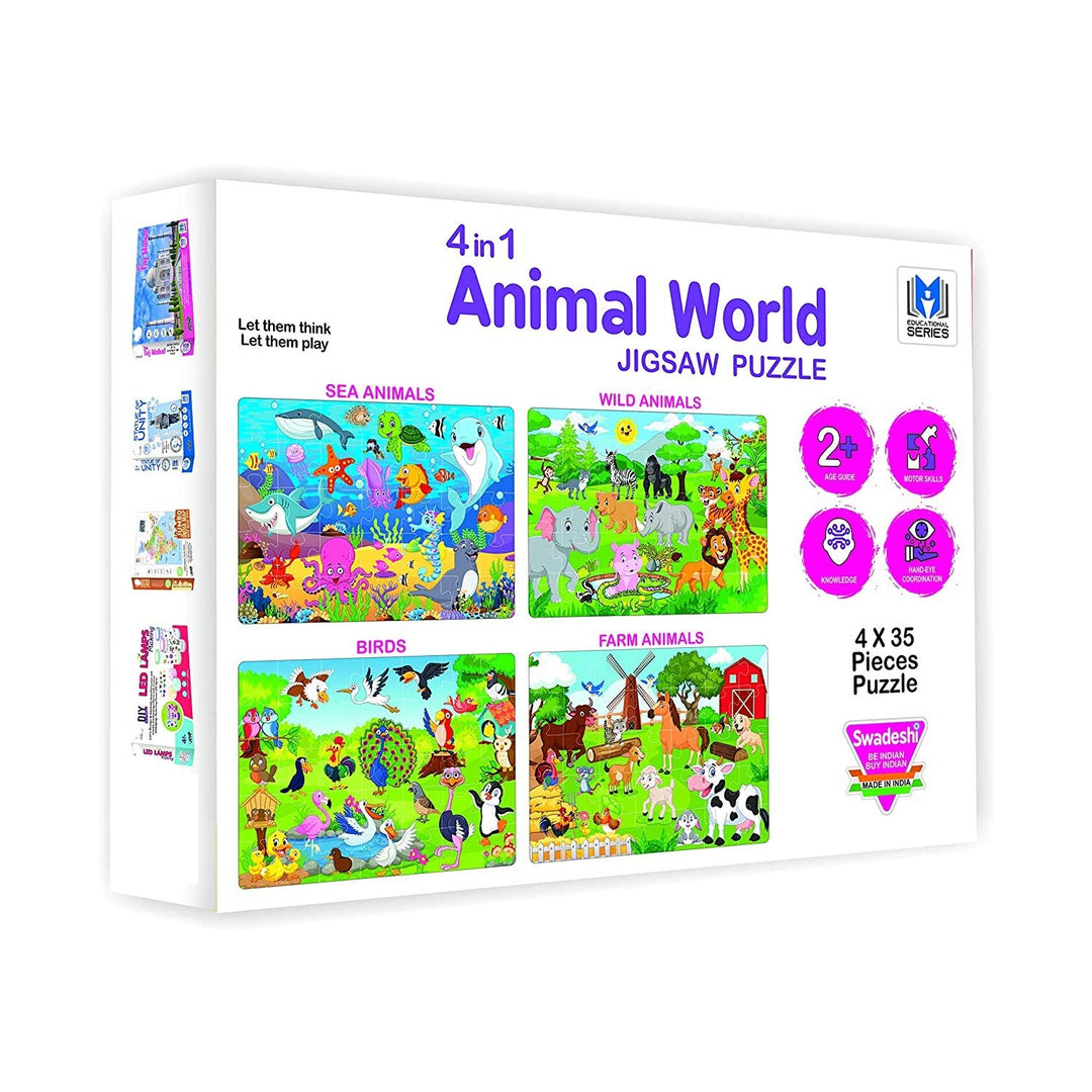 Ratna's 4 in 1 Animal World 4x35 140 Pieces Jigsaw Puzzle for Kids (SEA, WILD, BIRDS, FARM Animals)