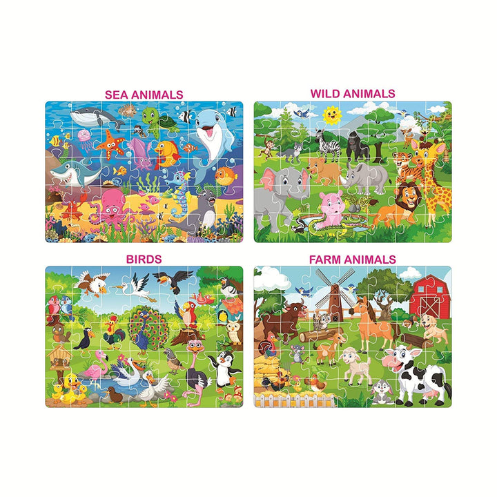 Ratna's 4 in 1 Animal World 4x35 140 Pieces Jigsaw Puzzle for Kids (SEA, WILD, BIRDS, FARM Animals)