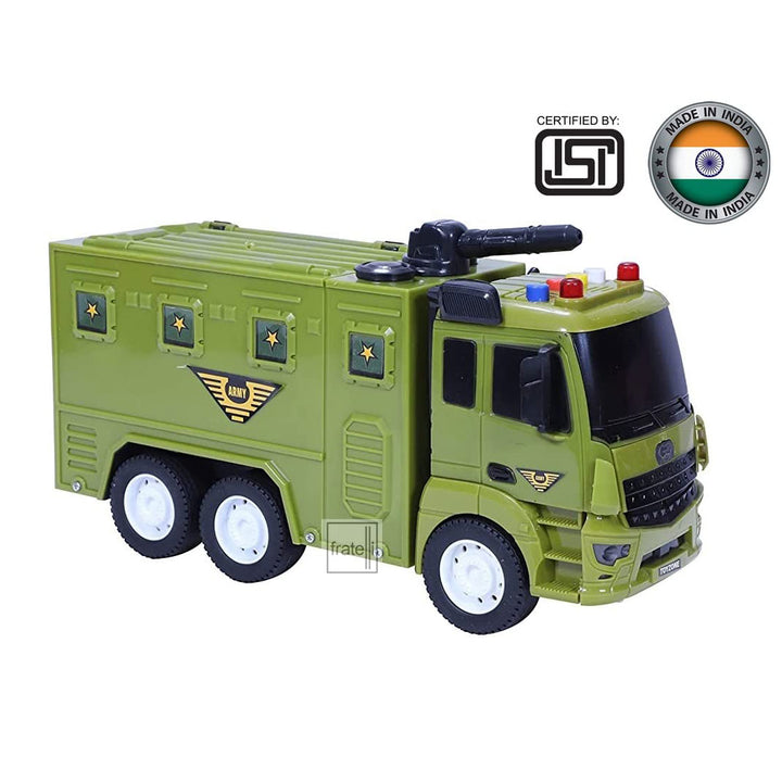 Toyzone Pull Back Friction Powered Toys for Kids ( Big Size Squad Army Truck Toy for Boys/Girls with Guns Bombs, with Music Sync Lights & Siren Sound Effects)