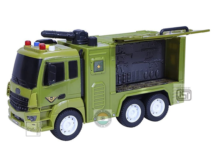 Toyzone Pull Back Friction Powered Toys for Kids ( Big Size Squad Army Truck Toy for Boys/Girls with Guns Bombs, with Music Sync Lights & Siren Sound Effects)