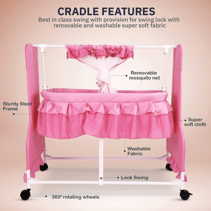 Evolve Baby Cradle for New Born Baby, Baby Cradle Swing Jhula with Mosquito Protection Net, Mattress & Wheels | New Born Baby Cot Cradle| Baby Cradles for New Born Baby 0 to 12 Months