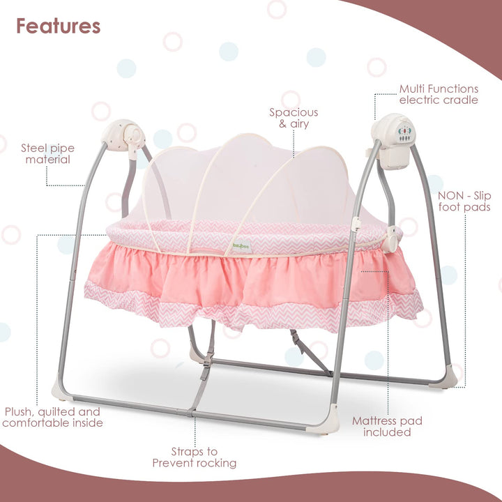 Electric Cradle for Baby, Automatic Swing Baby Cradle with Mosquito Net, Remote, Toy Bar & Music | Baby Cradle Crib Jhula | Baby Swing Cradle for Baby 0 to 2 Years Boys Girls (Pink)