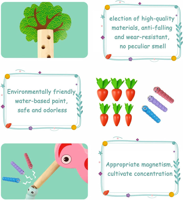 Wooden 3 in 1 Farm harvesting Insect Catching Kids Toys, Wooden Toys Woodpecker find Insect Board Games, Learning Educational Baby Toys Puzzle Block for Kids Age 3+ Years Boys Girls