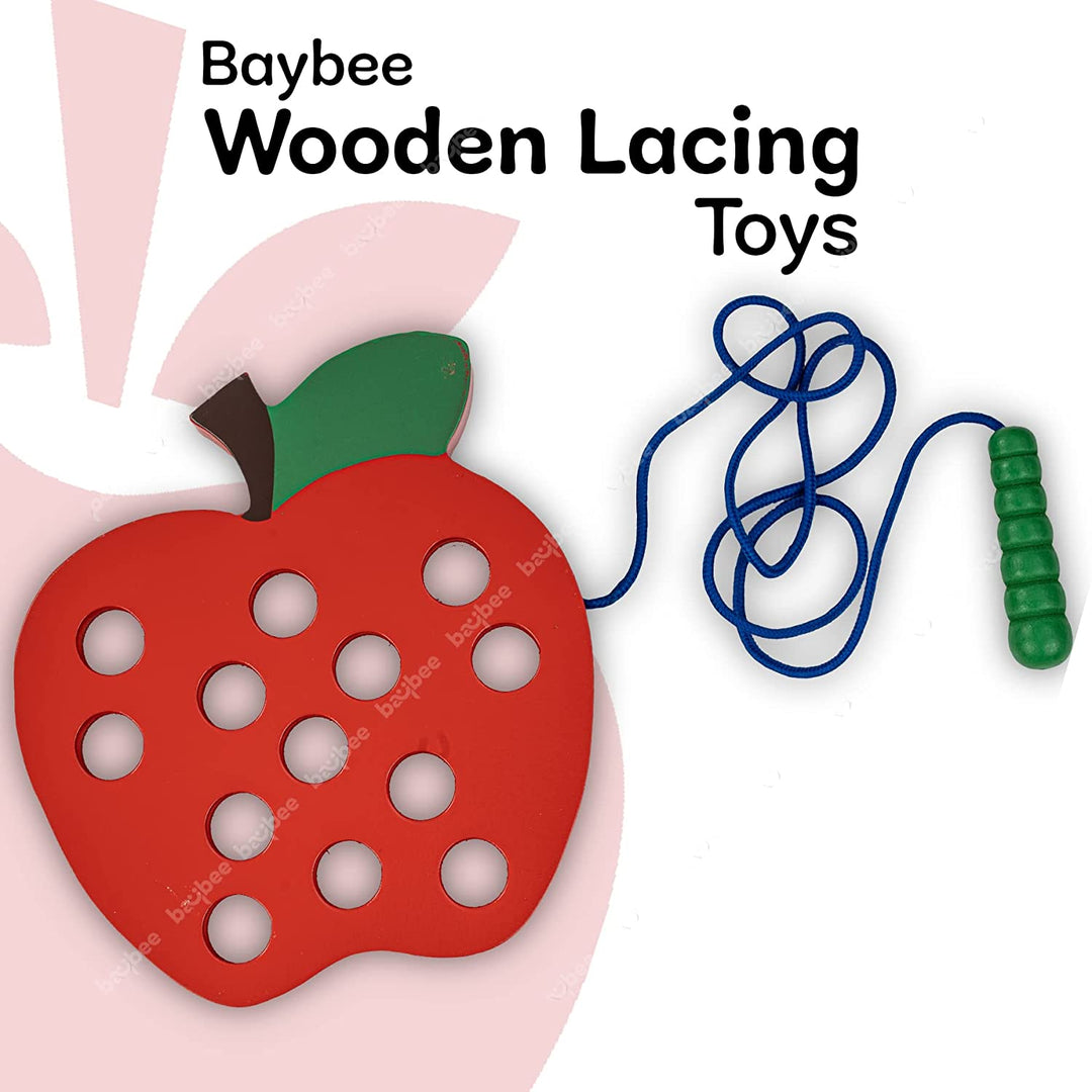 Wooden Apple Lacing Fruits Threading Game Puzzle Kids Toys, Apple Wooden Toys with Caterpillar Lace, Learning Educational Baby Toys Block Puzzle for Kids 3+ Years Boys Girls