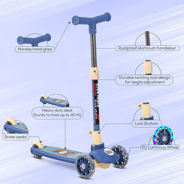 Skate Scooter for Kids 3 Wheel Lean to Steer 3 Adjustable Height with Suspension for Kids Boys & Girls