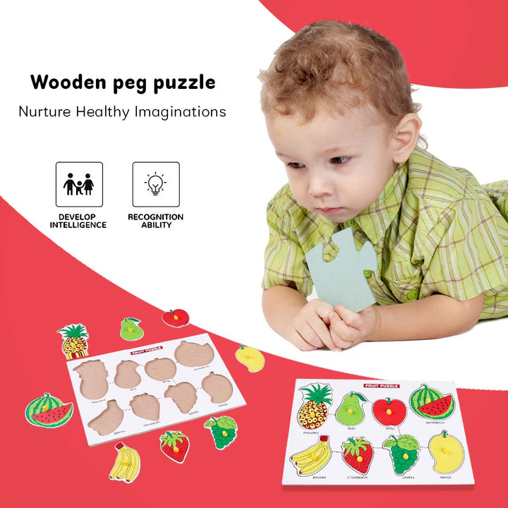 Wooden Fruits with Picture Educational Board for Kids 8 Fruits with Knob, Early Educational Learning Wooden Puzzle Board for Kids, Children Boys & Girls