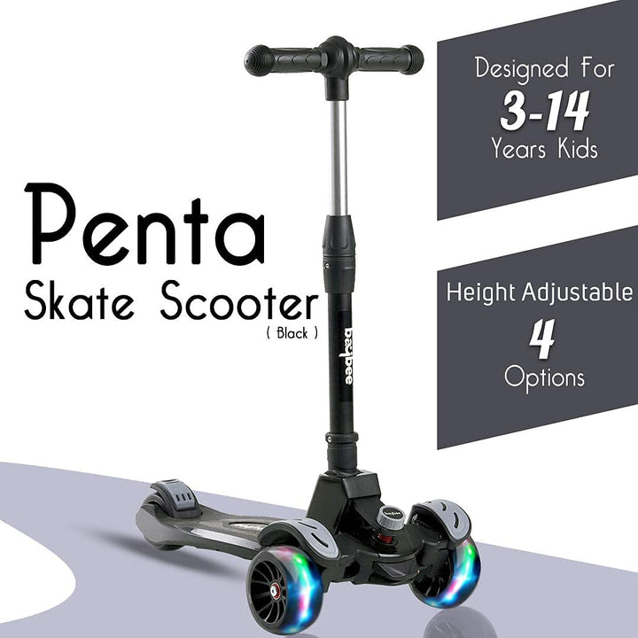 Penta Foldable 3 Wheel Skate Scooter for Kids, Smart Kick Runner Scooter with Height Adjustable Handle & Extra-Wide LED PU Wheels & Rear Brake