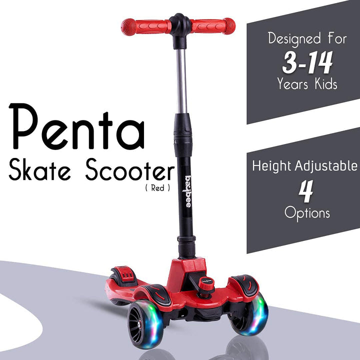 Penta Foldable 3 Wheel Skate Scooter for Kids, Smart Kick Runner Scooter with Height Adjustable Handle & Extra-Wide LED PU Wheels & Rear Brake