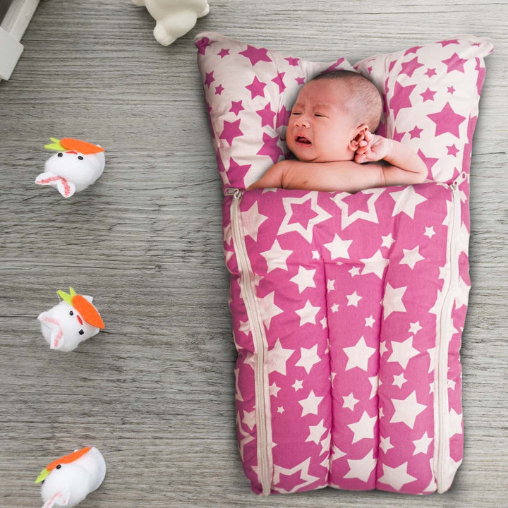 Cotton Baby Carry Bed Cum Sleeping Bag Bed for New Born Baby 3 in 1 Star Printed Portable Sleeping Bed 0-6 Months (Pink/White)