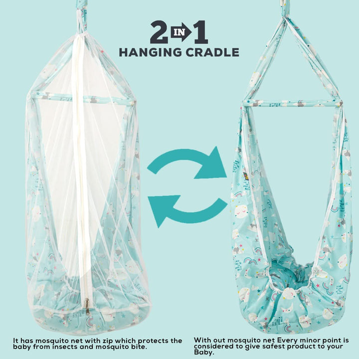 Cuddle Newborn Baby Boy's and Girl's Sleep Cotton Randy Hanging Swing Cradle/Jhula/Jhoola/Bed/Bedding Set with Net and Spring for 0-12 Months Babies