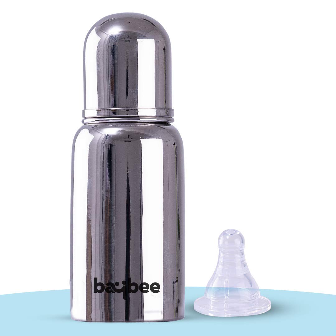 Premium Stainless Steel Feeding Bottle for Baby | Non-Toxic Baby Feeding Bottle for Kids Silicone Nipple, Milk, Water Feeding Bottle for Babies (Round, 220 ML)