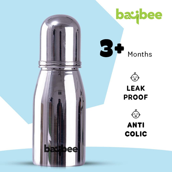 Premium Stainless Steel Feeding Bottle for Baby | Non-Toxic Baby Feeding Bottle for Kids Silicone Nipple, Milk, Water Feeding Bottle for Babies (Round, 220 ML)