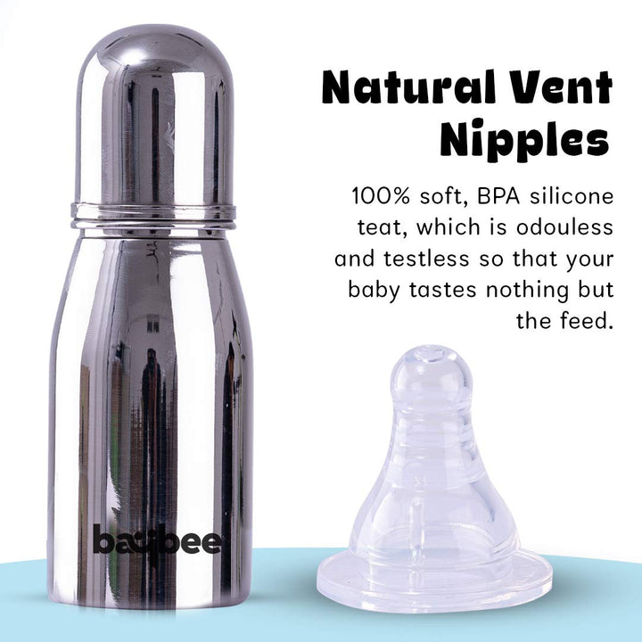 Premium Stainless Steel Feeding Bottle for Baby | Non-Toxic Baby Feeding Bottle for Kids Silicone Nipple, Milk, Water Feeding Bottle for Babies (Round, 220 ML)