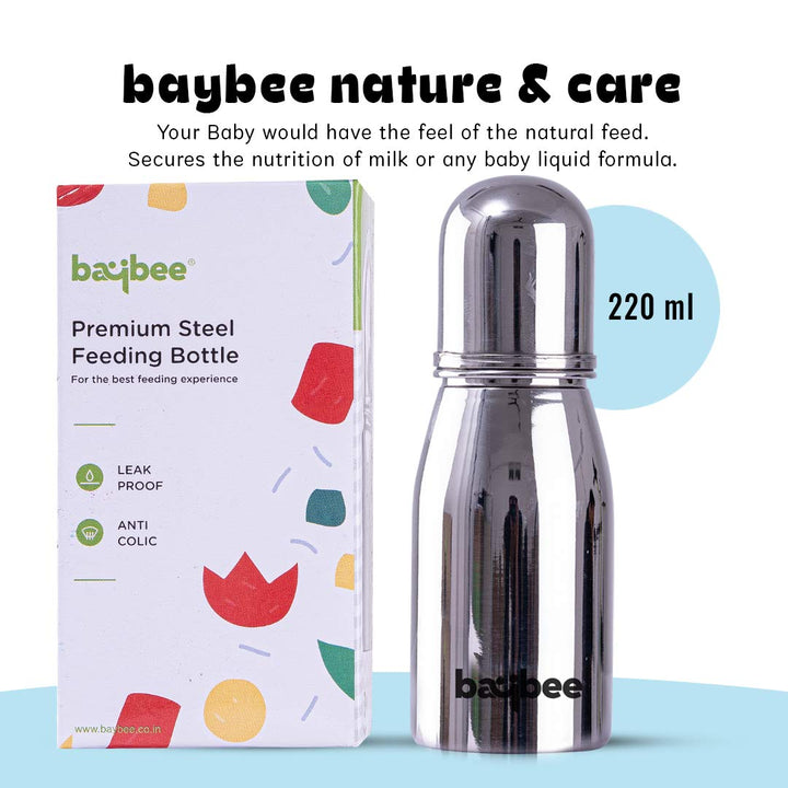 Premium Stainless Steel Feeding Bottle for Baby | Non-Toxic Baby Feeding Bottle for Kids Silicone Nipple, Milk, Water Feeding Bottle for Babies (Round, 220 ML)