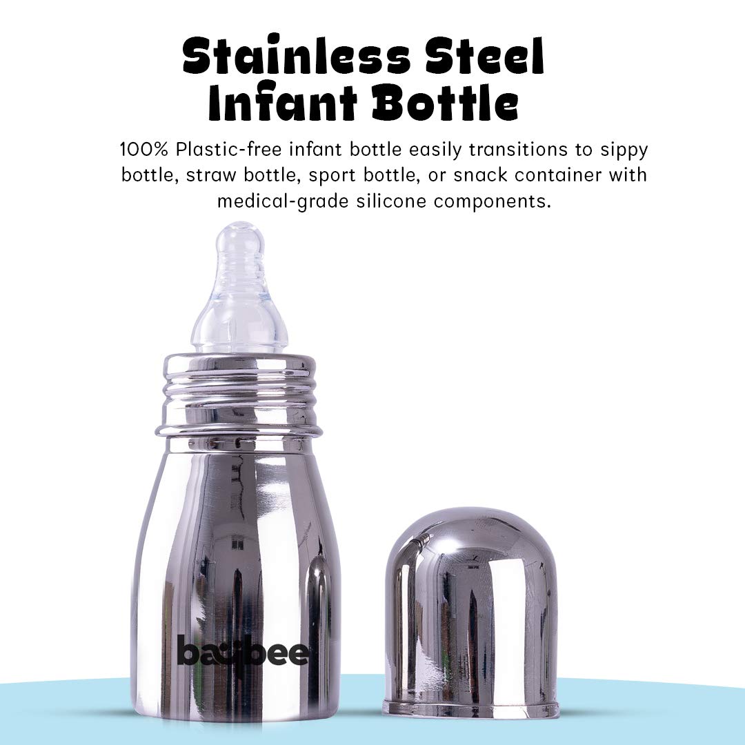 Premium Stainless Steel Feeding Bottle for Baby | Non-Toxic Baby Feeding Bottle for Kids Silicone Nipple, Milk, Water Feeding Bottle for Babies (Round, 220 ML)