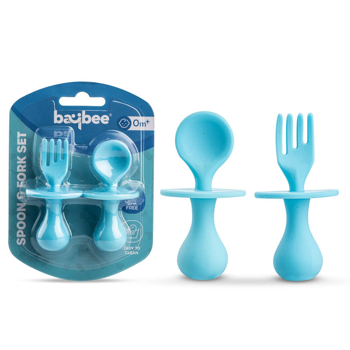 Silicone Baby Spoon Set for Baby Feeding, Non Toxic BPA Free Training Feeding Spoon & Fork Set, Food Grade Silicone Handle | Baby Feeding Spoons | Feeding Spoon Set for toddlers (Silicone Blue)