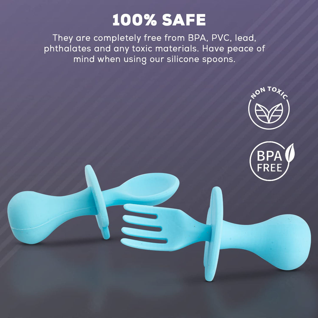 Silicone Baby Spoon Set for Baby Feeding, Non Toxic BPA Free Training Feeding Spoon & Fork Set, Food Grade Silicone Handle | Baby Feeding Spoons | Feeding Spoon Set for toddlers (Silicone Blue)