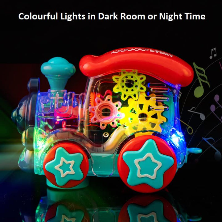 Transparent Train Engine Universal Walking Gear Train Engine Colorful Lights Musical Toys, 3D Colourfull Lights Gear Transparent Train Toy for 2-5 Year Kids Sound Toys (Gear Train)