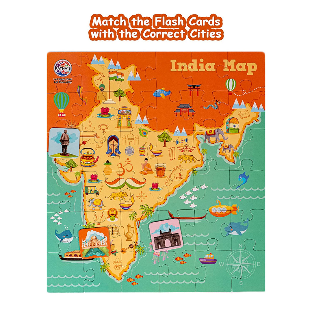 Ratna's Kids Match and Learn about India and World Map 84 Pieces 4 in 1 Combo With 12 Flash Cards Double Sided Jigsaw Puzzle Educational Toy for Kids 3+ Years