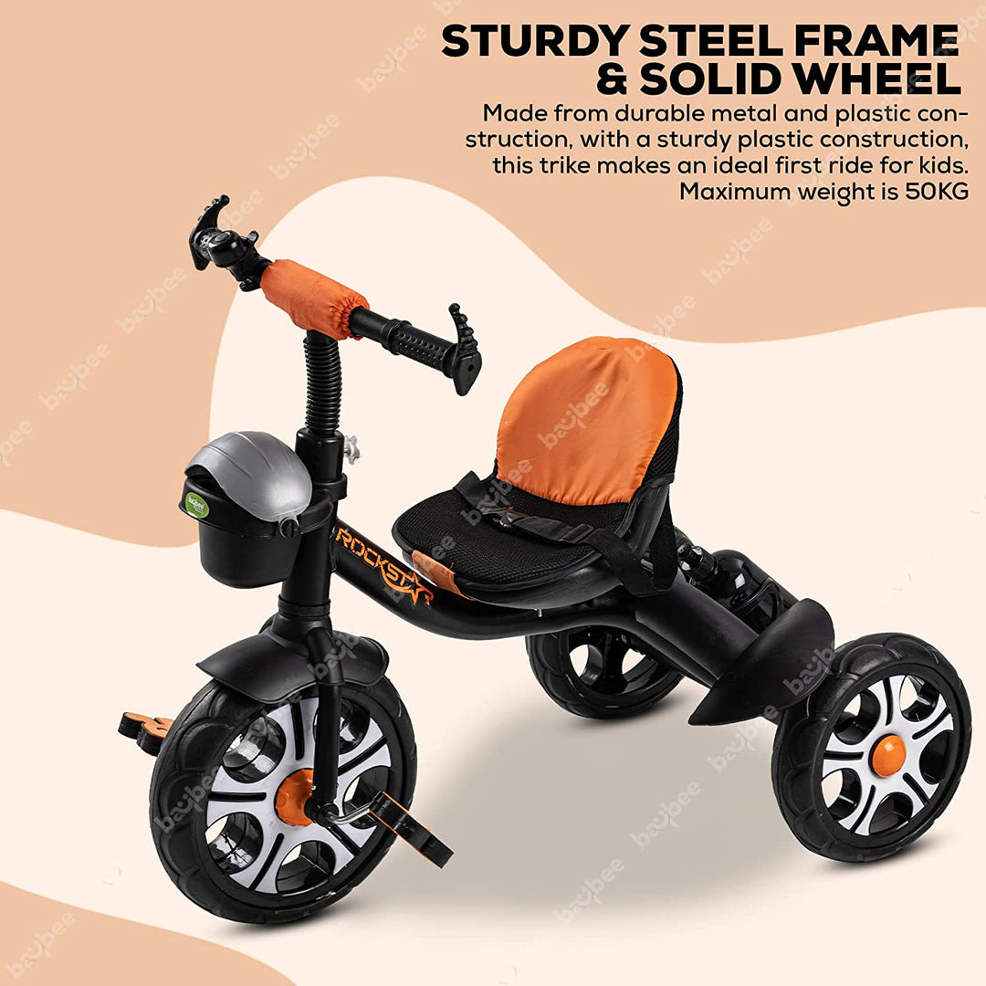 Rockstar Pro Tricycle for Kids, Plug n Play Kids Cycle Trikes with Basket, Cushion Seat, Belt & Bottle | Baby Children's Cycle | Baby Tricycle Cycle for Kids 2 to 5 Years Boys Girls