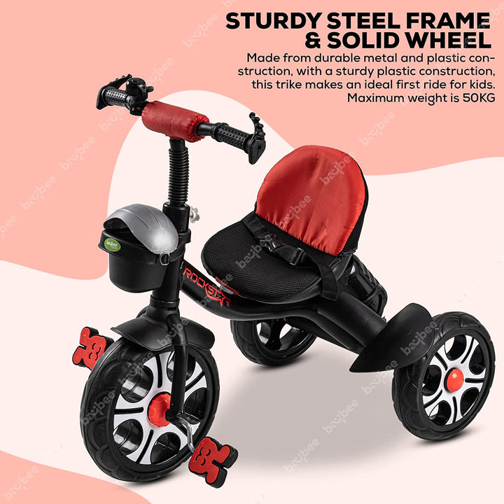 Rockstar Pro Tricycle for Kids, Plug n Play Kids Cycle Trikes with Basket, Cushion Seat, Belt & Bottle | Baby Children's Cycle | Baby Tricycle Cycle for Kids 2 to 5 Years Boys Girls