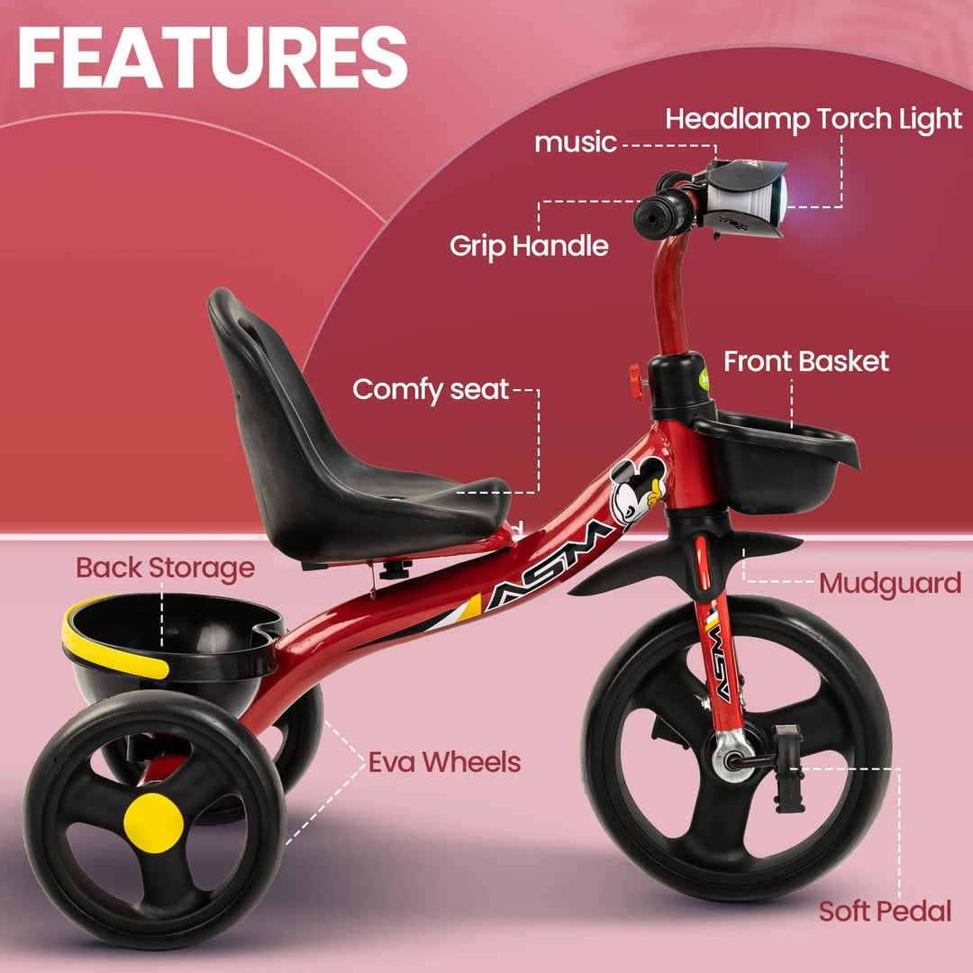 Noraco Baby Tricycle for Kids, Smart Plug & Play Kids Cycle with Eva Wheels, Led Light, Music, Dual Baskets & High Backrest | Kids Tricycle | Baby Cycle for Kids 2 to 5 Years Boys Girls.