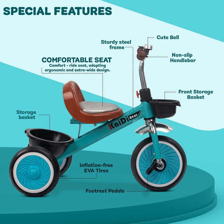 Kaidi Bear Tricycle for Kids/ Baby, Smart Plug n Play Kids Tricycle Cycle Trikes with Front & Rear Storage Baskets