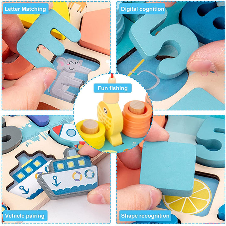 Wooden 7 in 1 Traffic Matching Board Puzzle Kids Toys, Montessori Toys with Alphabets, Numbers, Transport Matching Board Games, Children Learning Educational Toys Puzzle for Kids 3+Years Boys Girls