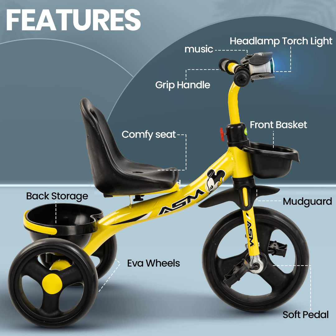 Noraco Baby Tricycle for Kids, Smart Plug & Play Kids Cycle with Eva Wheels, Led Light, Music, Dual Baskets & High Backrest | Kids Tricycle | Baby Cycle for Kids 2 to 5 Years Boys Girls.