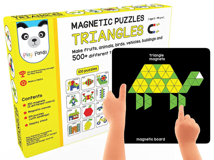 Play Panda New Magnetic Puzzles : Triangles - Includes 250 Colorful Magnets, 100 Puzzles, Magnetic Board, Display Stand