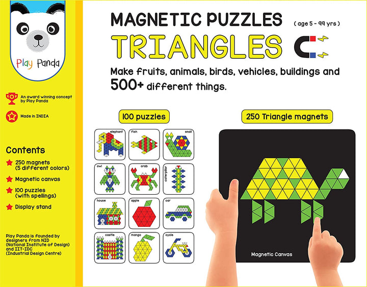 Play Panda New Magnetic Puzzles : Triangles - Includes 250 Colorful Magnets, 100 Puzzles, Magnetic Board, Display Stand